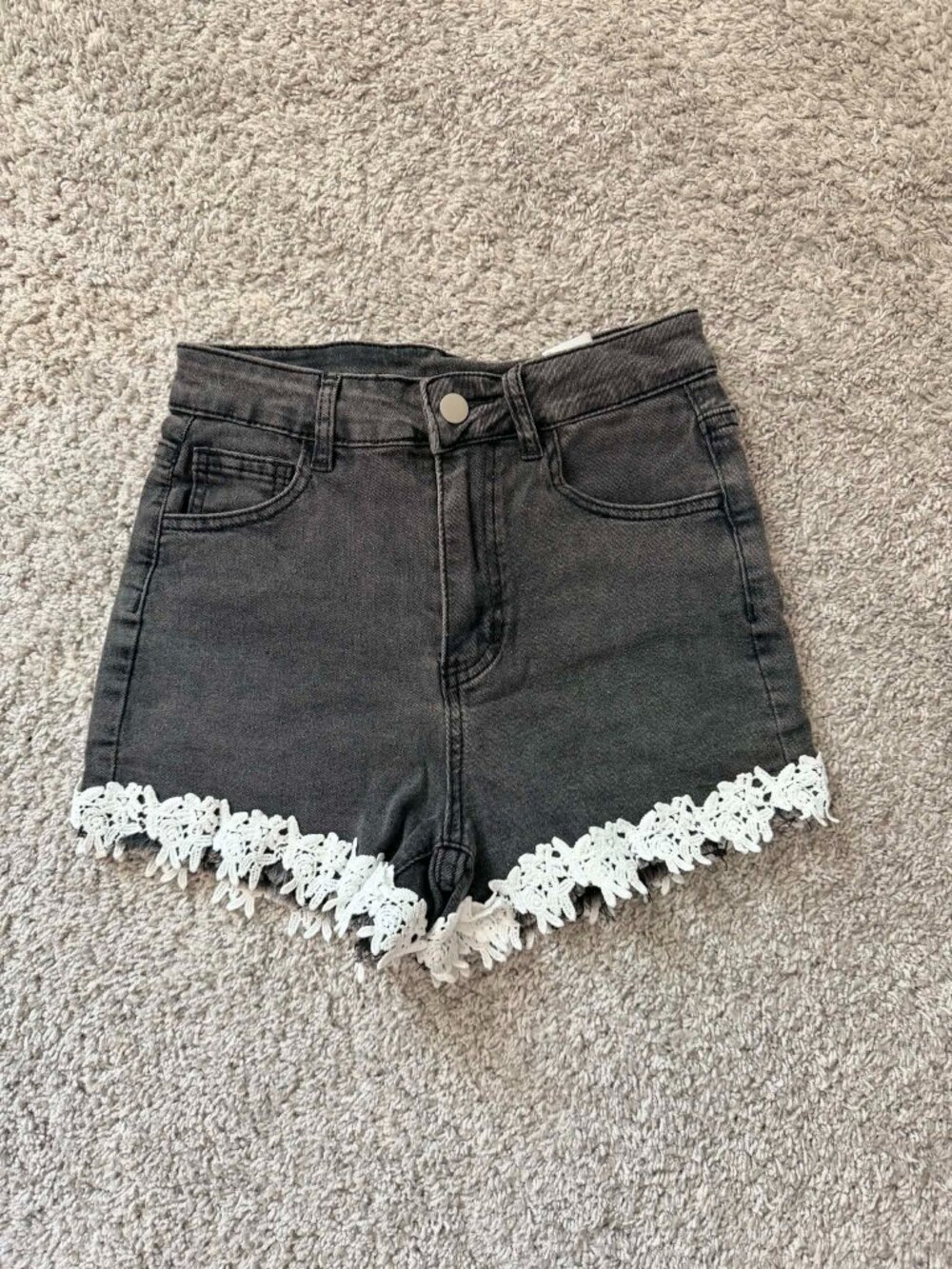 Women's New Black Jean Short Shorts with a White Lace Hem Size S